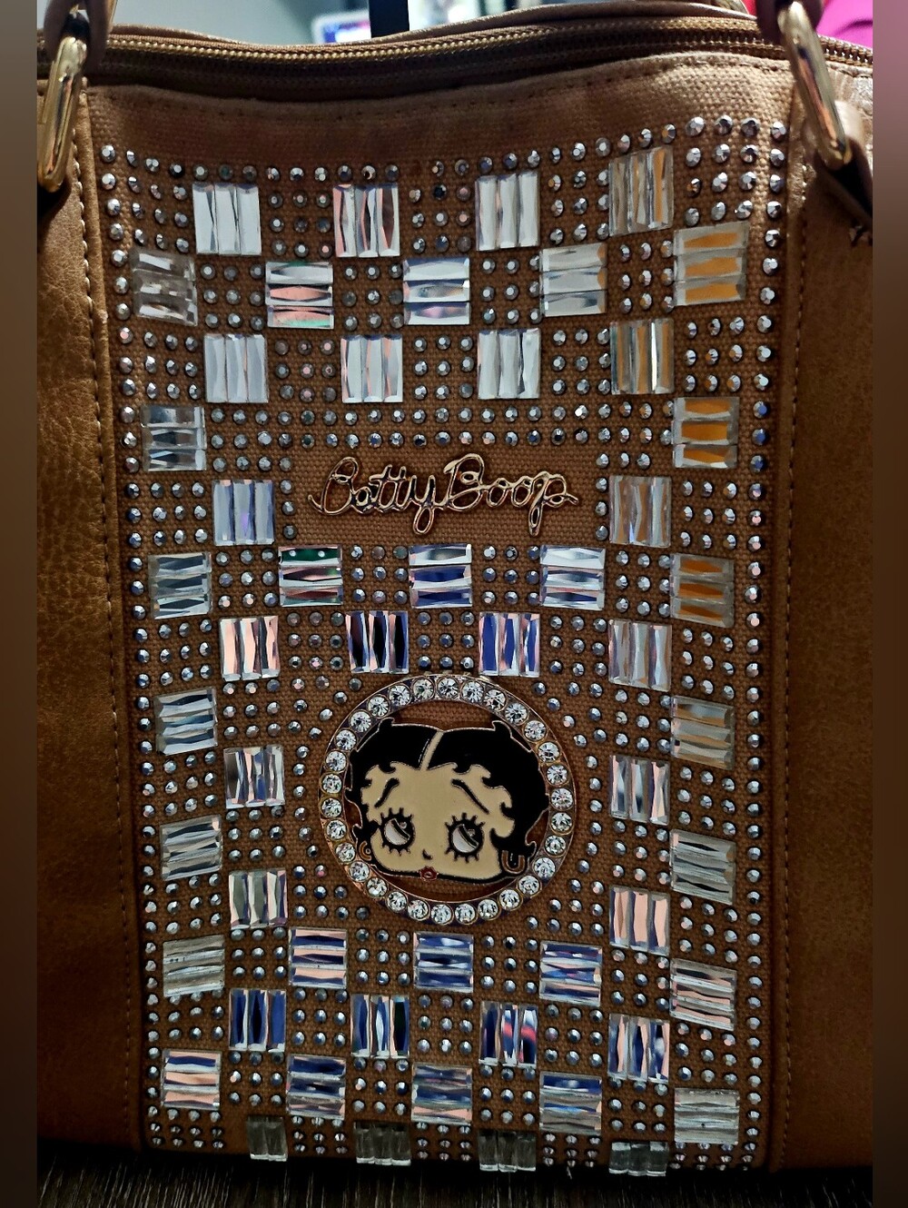Vintage Tan Bedazzled Rhinestone Betty Boop Purse